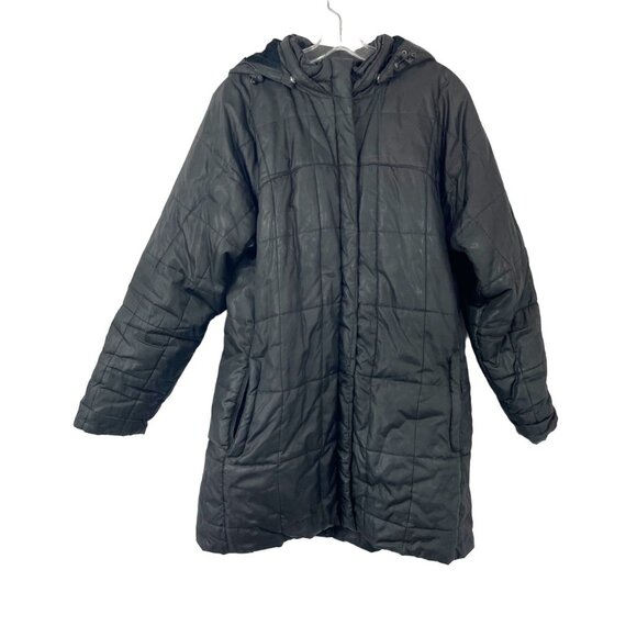 L.L. Bean Black Quilted Long Puffer Coat Jacket Faux Fur Lined Hoodie Size Large